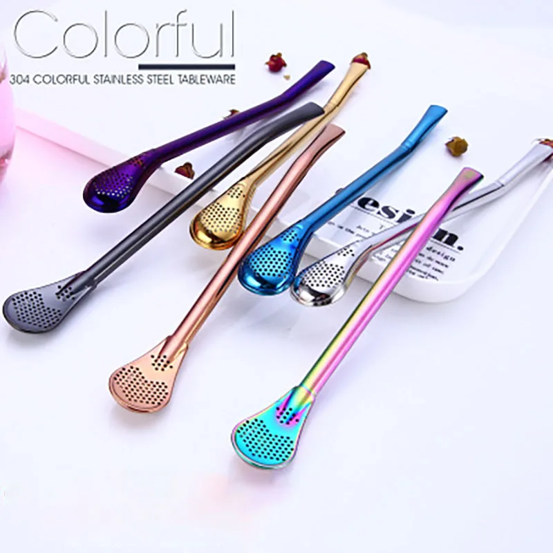 

Reusable Drinking Straws Reusable Tea Filter Rainbow 304 Stainless Steel Spoon Straw Dinner Stirring Rod Practical Tea Tools