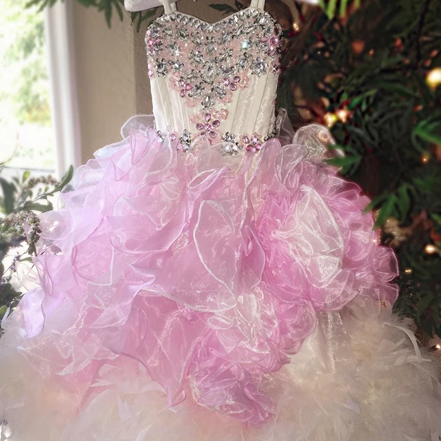 Best price at $140 Cheap Stunning Communion Dresses Long Satin Organza Beading Spaghetti Straps Little Princess Tulle Feather Pageant Ball Gowns 0-12 Y