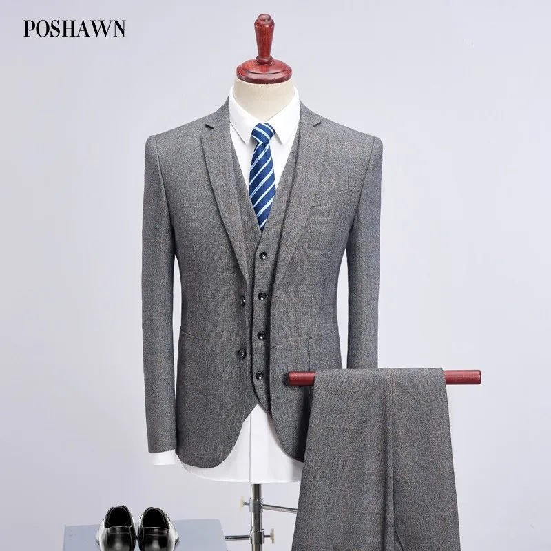 POSHAWN Grey Plaid Striped Men Suits With Pants And Vest Double Button Formal Blazers Men 3 Pieces Tuxedo Wedding Suit 2019