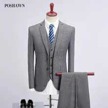 POSHAWN Grey Plaid Striped Men Suits With Pants And Vest Double Button Formal Blazers Men 3 Pieces Tuxedo Wedding Suit 2019