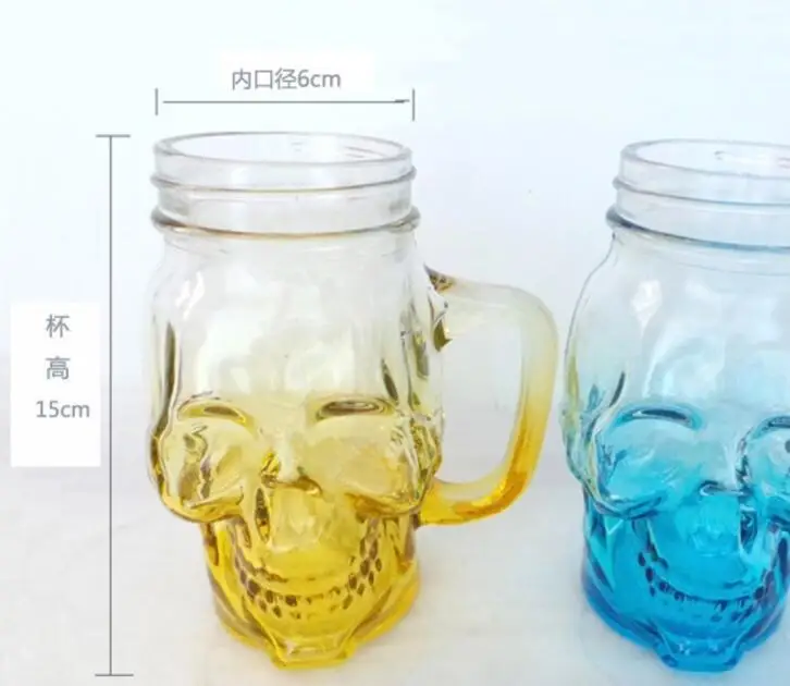 2022 New Creative Skull Glass Gradient Mason Bottle With Handle Cover Skull  Beer Cup With Straw Water Tumbler