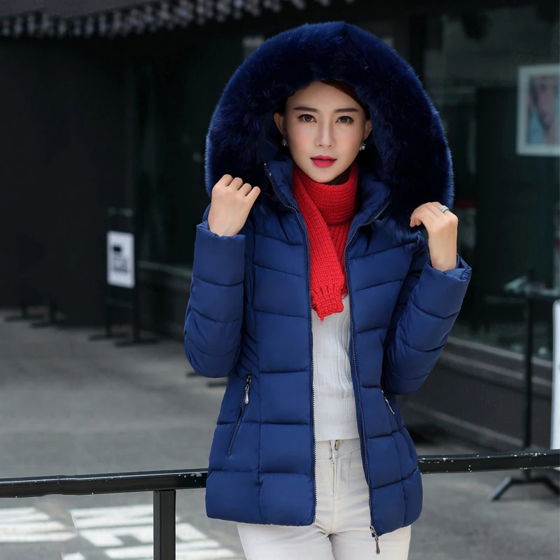 Short fur collar winter jacket women autumn cotton padded solid color womens parka with hood high quality female coat 2018