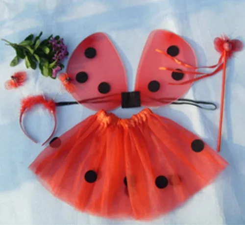 Милый детский праздничный костюм для маленьких девочек комплект из 4 предметов: божья коровка, крылья феи+ юбка-пачка+ повязка на голову+ крыло, аксессуары для фотосессии - Цвет: Красный