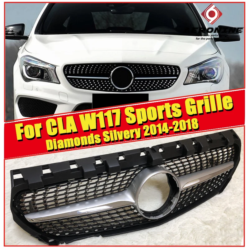 W117 решетка бриллианты передний бампер почек грили CLA класс CLA180 CLA200 CLA250 CLA45 вид ABS серебро без знака-17