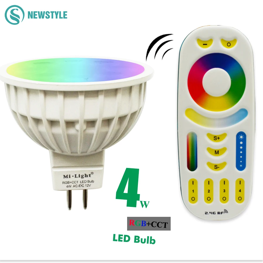 

AC/DC12V 4W 2.4G Wireless Milight Dimmable Led Bulb MR16 RGB+CCT Led Spotlight Smart Led Lamp+ LED Remote