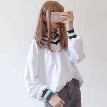 

harajuku Long Sleeve T-shirts Women Patchwork Simple tee Korean Stuents V-Neck Loose basic T shirt Spring Autumn white pink tops