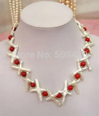 

Free Shipping Fashion jewelry 18" WHite Keshi Pearl & Red Coral Necklace