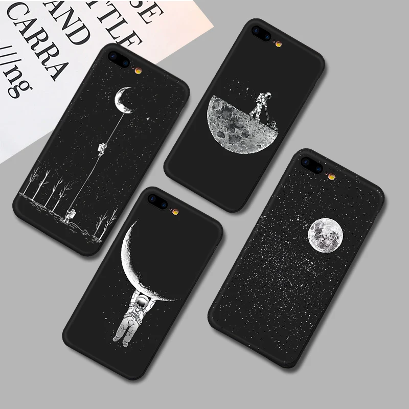 Чехол для телефона с космонавтом iPhone XS MAX XR X 7 8 6 6s Plus Planet Star матовый мягкий черный