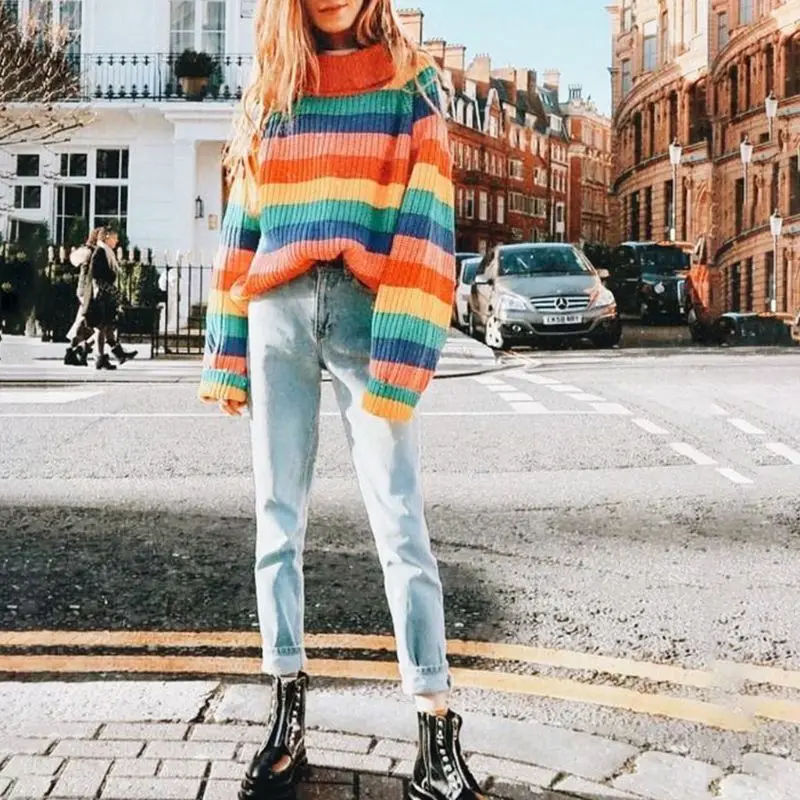 

Women Girls Winter Oversized Turtleneck Sweater Colorful Rainbow Stripes Printed Long Sleeve Pullover Tops Ribbed Knitted Jumper