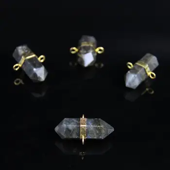 

5pcs/lot High Quality Flash Labradorite Faceted Double Point Pendant,Gold Plateds Natural Stone Gems Hexagon Points Connectors