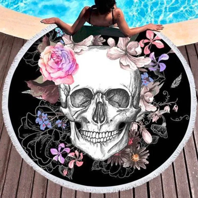 

Women Large Bath Towel For Beach Thick Round 3D Sugar Skull Printed Beach Towel Fabric Quick Compressed Towel Tapestry Yoga Mat
