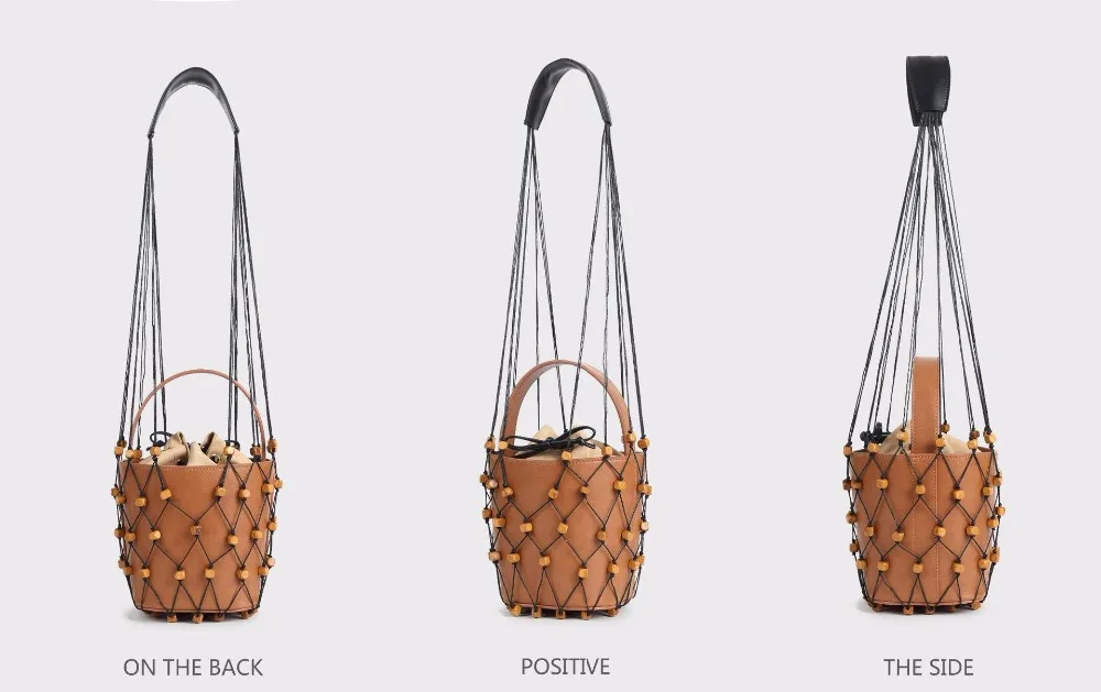 Blascher Summer Women Bags New Fashion Genuine Leather New Frosted Wooden One-Shoulder Handbag Bead Hanging Fishing Net Bag SQ64 (5)