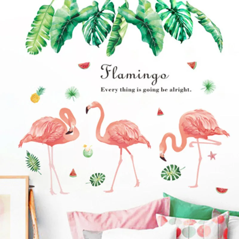 Green Plant Leaves Wall Sticker Flamingo Art Mural Poster European Style Home Decor Self-adhesive Wallpaper Quote Decal | Дом и сад
