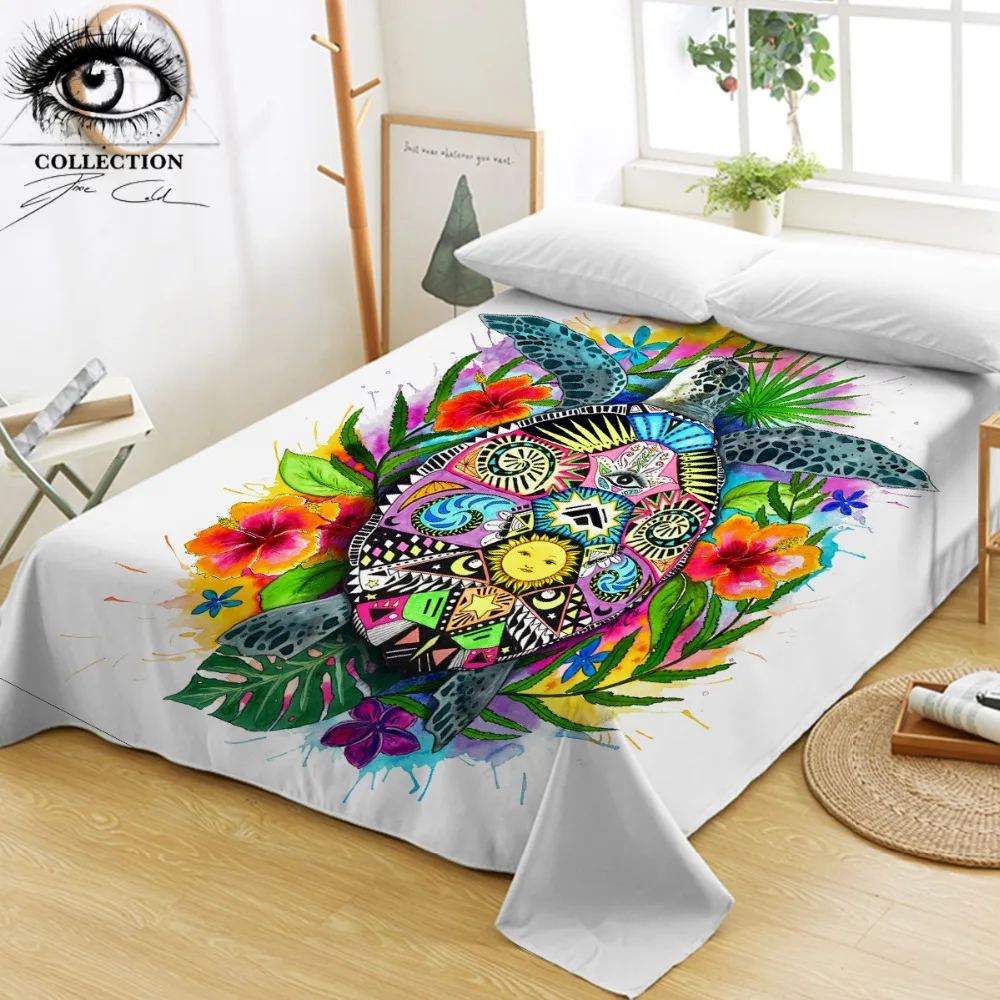 

Turtle Life by Pixie Cold Art Bed Sheets Bohemian Animal Flat Sheet Tortoise Bedspreads Floral Colorful Bed Linen 1 pc sabanas