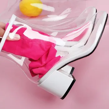 

ARQA New Arrival Europe Style Womens Mid Block Heel Transparent PVC Perspex Ankle Boots Matched with Colorful Socks