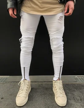 

Mens White Ripped Jeans Pants with Holes Super Skinny Slim Fit Destroyed Distressed Denim Joggers Trousers for Male
