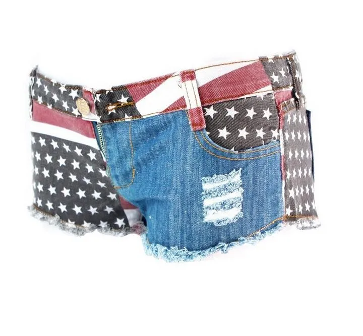 Популярные женские шорты с принтом американского флага США, мини шорты, джинсовые сексуальные джинсовые штаны с заниженной талией и кисточками, шорты с дырками