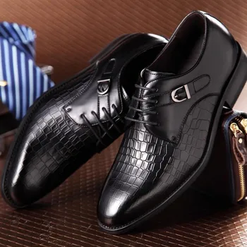 

Muhuisen Fashion Men Dress Shoes Pointed Toe Lace Up Men Business Casual Shoes Brown Black Genuine Leather Oxfords Shoes