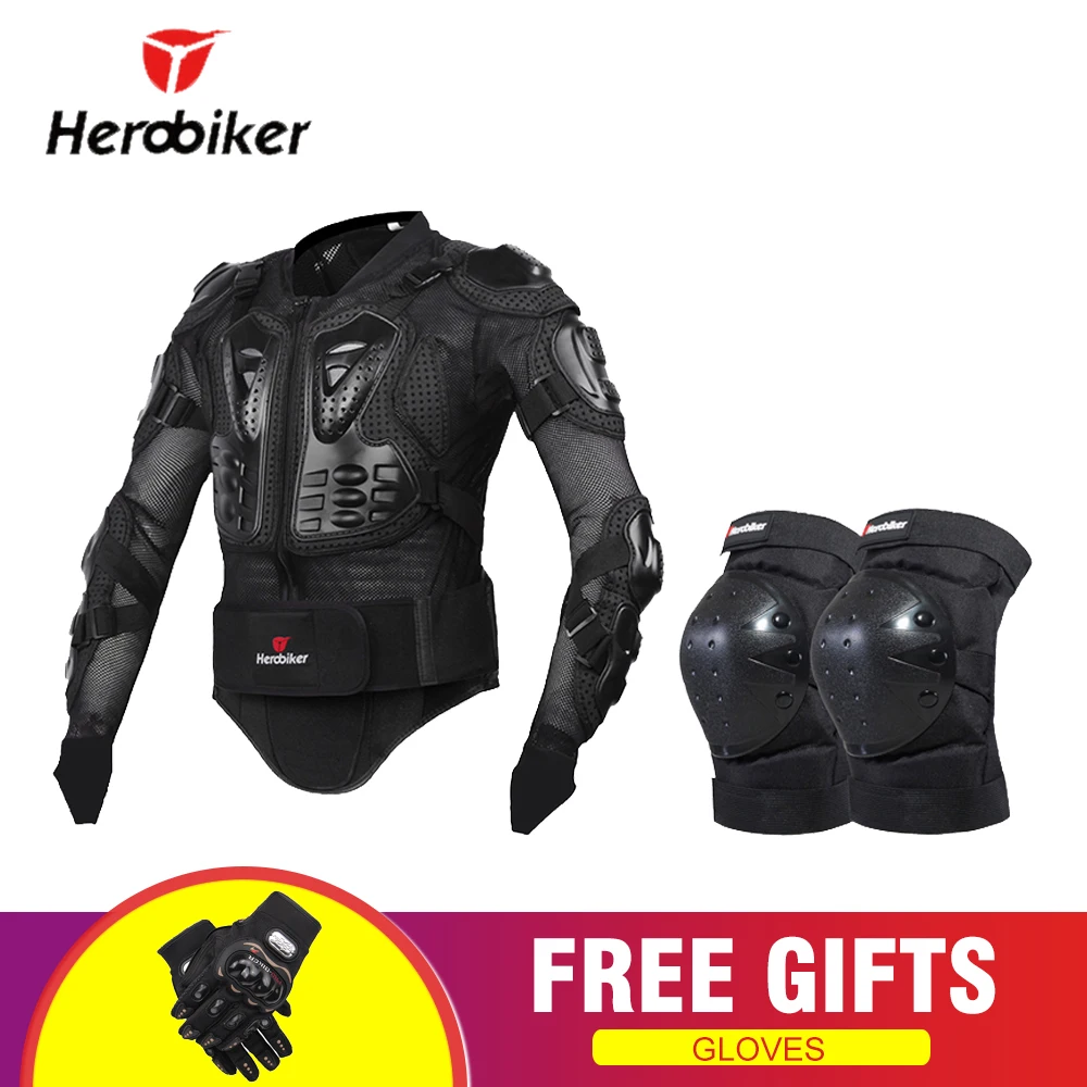 HEROBIKER мотоциклетная куртка Защита тела Броня Мотокросс Мото куртка Защитное снаряжение Мотоциклетные Куртки с защитой шеи - Цвет: MC1001 Black Knee