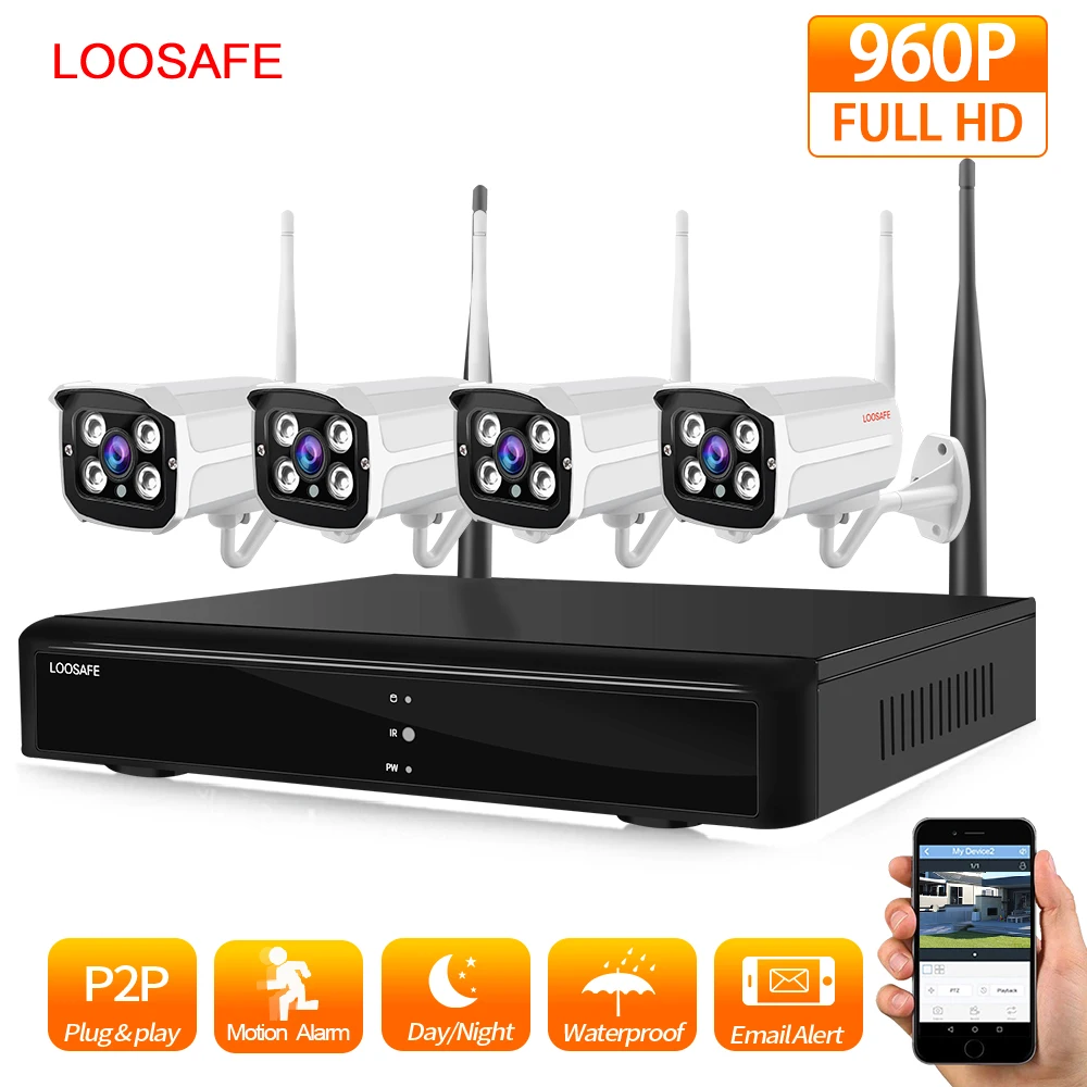 

LOOSAFE Plug And Play 4CH Wireless NVR Kit P2P 960P HD Outdoor IR IP Video Security CCTV Camera WIFI Surveillance System