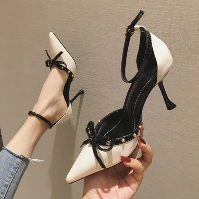 

2019 summer new fashion rivet bow high heel women stiletto shoes wild women's shoes