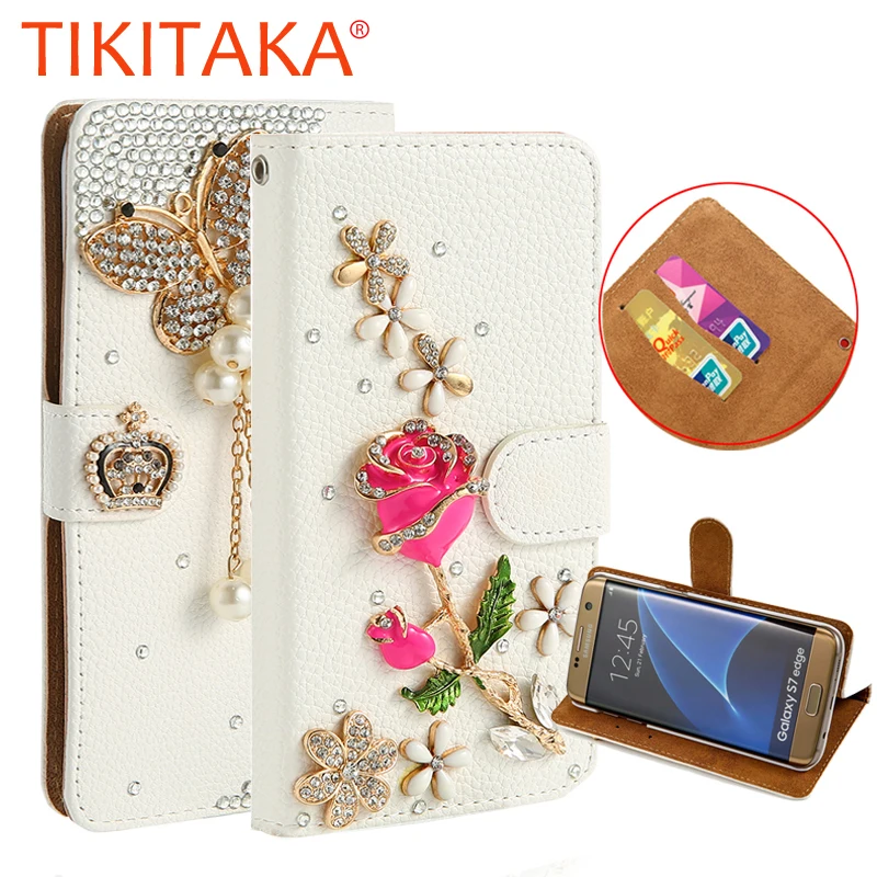 

Leather Flip Case For Samsung Galaxy S7 edge Case Fashion DIY Bling Diamond Pearl Bowknot Rose Phone Cases + Stand Holder Solt