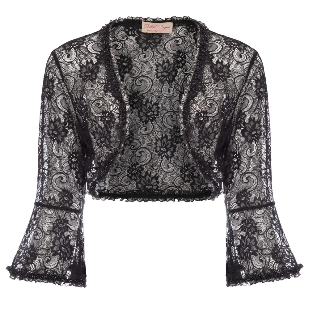 

black&white lace Bolero Shrug Women flare Sleeve wedding party shrugs Light Crop Open Stitch Cardigan Short All-match Shawl Wrap