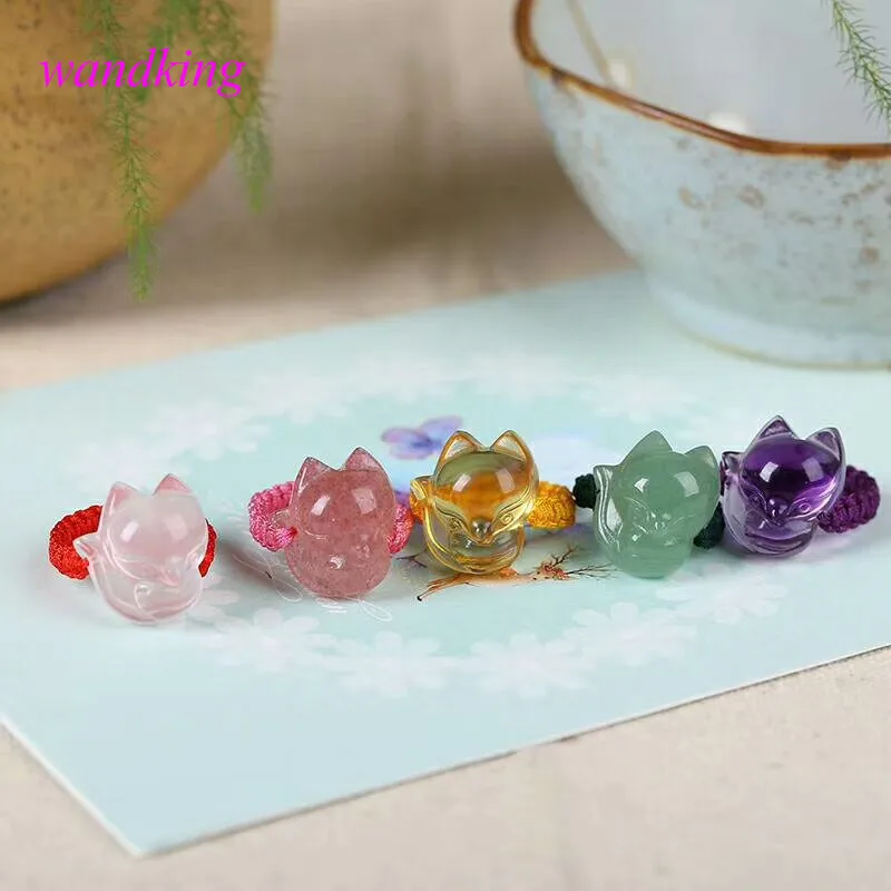 

5pcs Natural Aventurine+amethyst+citrine quartz crystal engrave fox ring