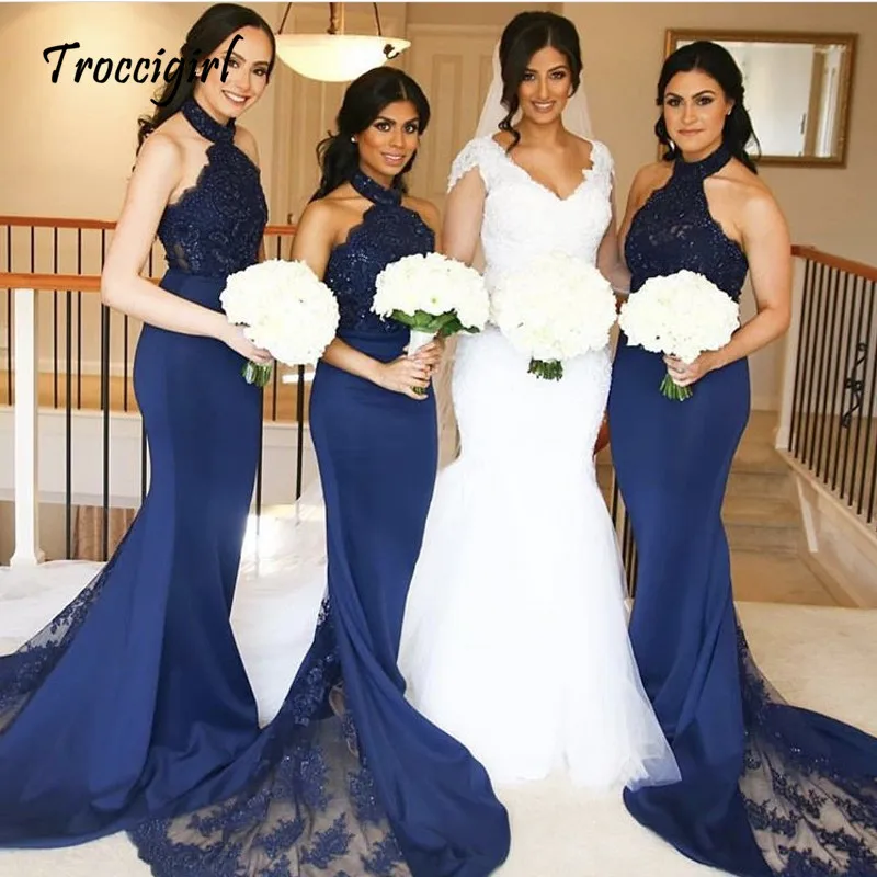 28-1         2019 fashion navy blue mermaid Bridesmaid gowns halter Satin Crystal Beaded lace applique Bridesmaid Dresses