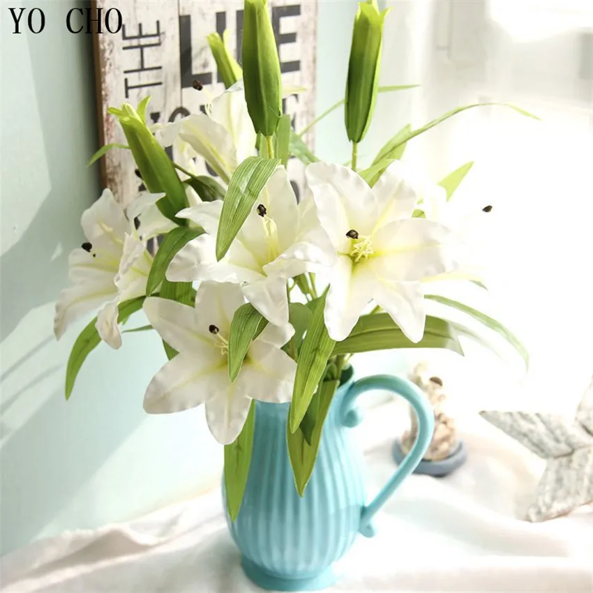 YO CHO (3 pcs / lot) artificial lily flower 2 head real touch Christmas decoration for home floras table accessories latex | Дом и сад
