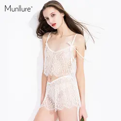 Munllure 2019 новый сексуальный выдалбливают цветочные пижамы набор Мода Кружева удобная одежда для сна костюм из трех предметов черный белый