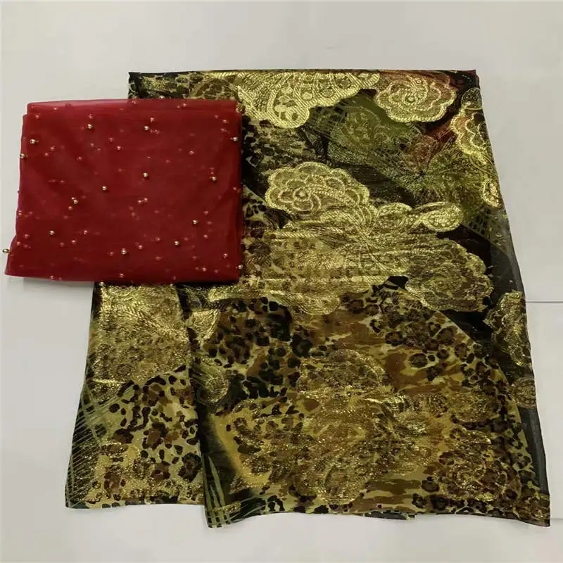 5+ 2 ярдов Высококачественная шелковая ткань для женского платья вышитая шелковая ткань Африканская металлическая шелковая ткань! XLF5216 - Цвет: Золотой