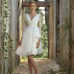 Vestido de noiva curto 2017 ТРАПЕЦИЕВИДНОЕ Короткое свадебное платье с v-образным вырезом и открытой спиной, платье длиной до колен с рукавом три