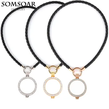 

Somsoar Jewelry 35mm Alloy Double Crystal Coin Holder Frame Pendant with 40cm Black Leather Necklace fit 33mm Coin Disc 5pcs/lot