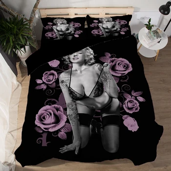 

3D Skull Marilyn Monroe Bedding Set Halley Motorcycle Duvet Cover Set Pillowcase Elegant Rose Beauty Kiss US UK King Queen Full