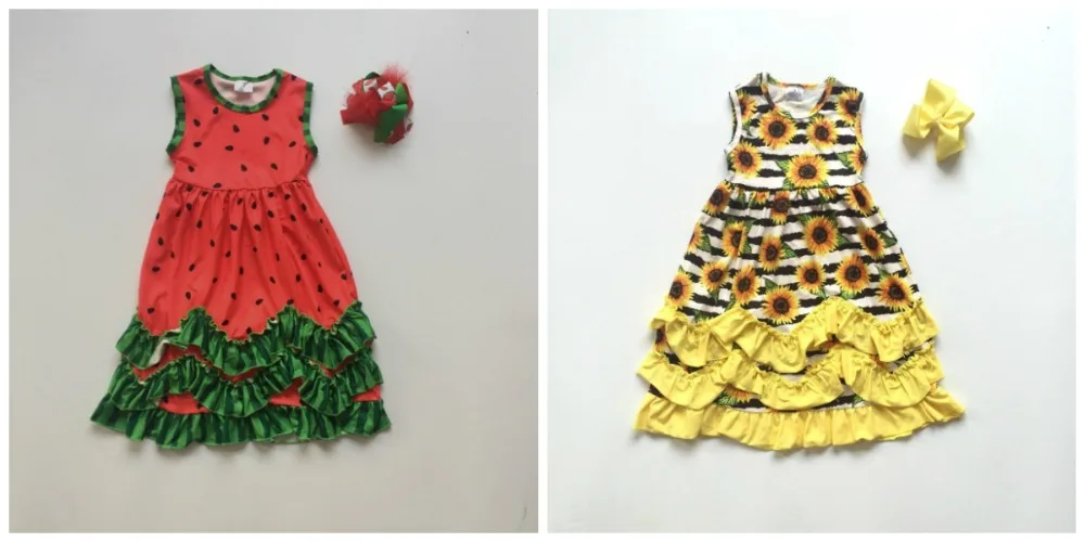 

summer girls children clothes yellow sunflower floral watermelon milk silk ruffles baby boutique ruffles maxi dress match bow