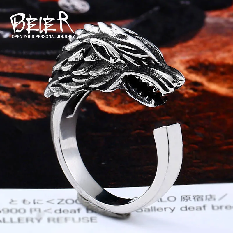Beier Store Stainless Steel Game Thrones Ice Wolf House Stark Of Winterfell Biker Animal opend Ring Fashion Jewelry BR8-477