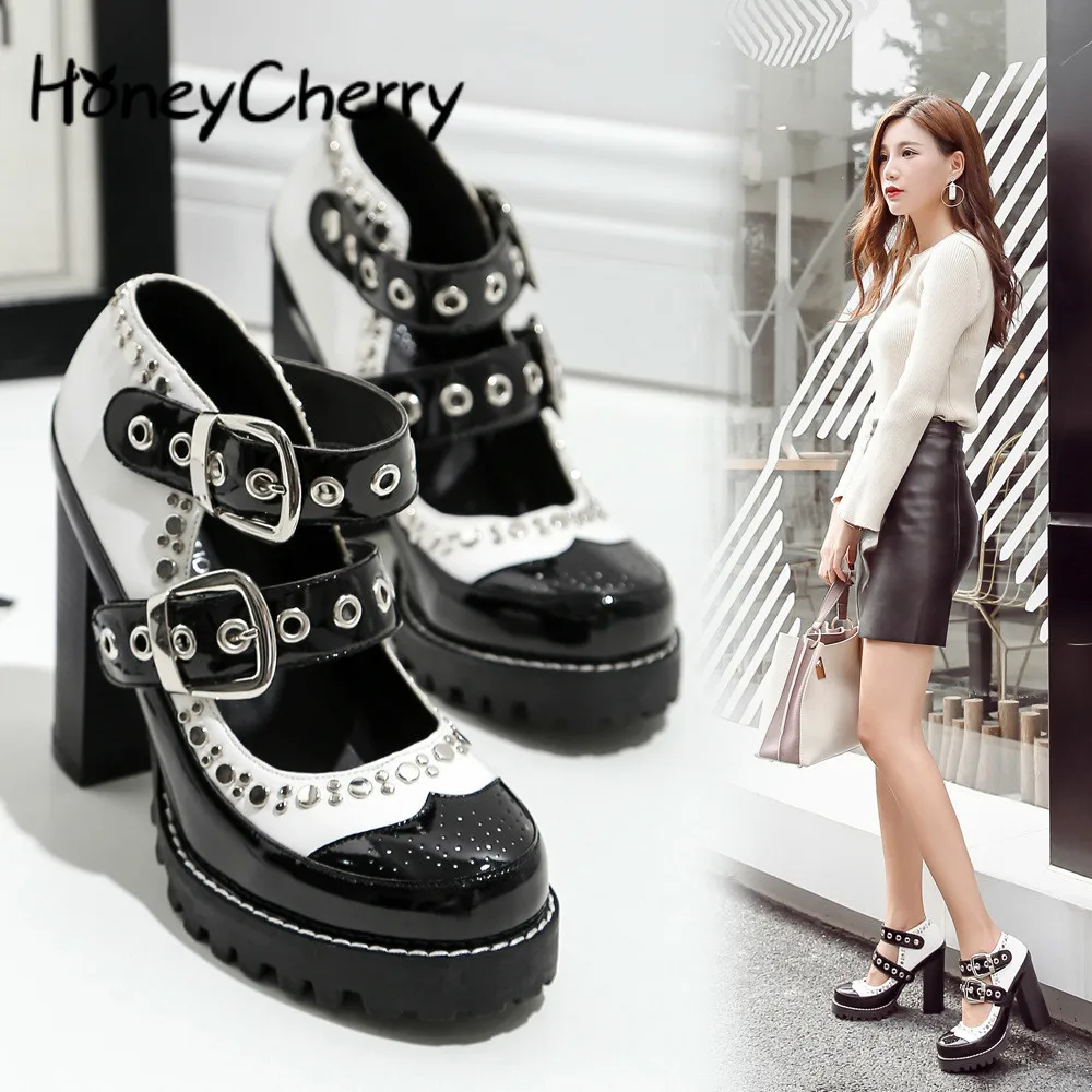 

Autumn New Style Thick Heel Super High Heel Shallow Round Head Handsome Personality Rivet Matching Color Single Shoe Size35-41