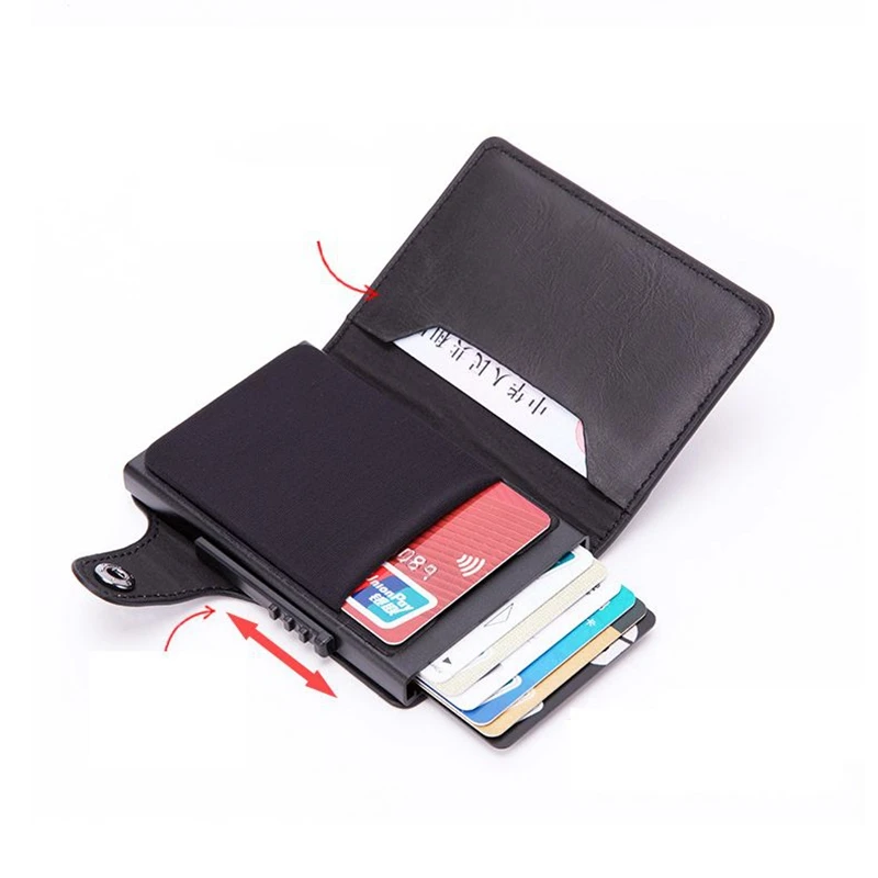 

Aluminum RFID Card holders Vintage PU Leather Coin Purses Automatic Slide Card Case Casual Men wallet RFID Blocking Card Wallet
