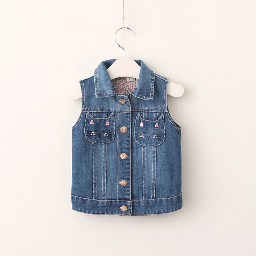 2017 Baby Kids Cat Pattern Jean Vest , Princess Girls Cute Denim Vest