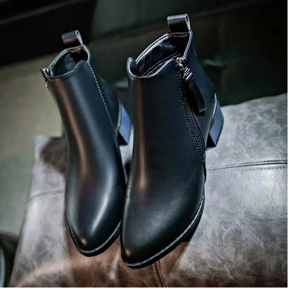 

Synthetic PU Zipper Middle Pointed Toe Spring Autumn Women Ankle Boots Wedge Heel Casual Solid Footwear Warm Thick