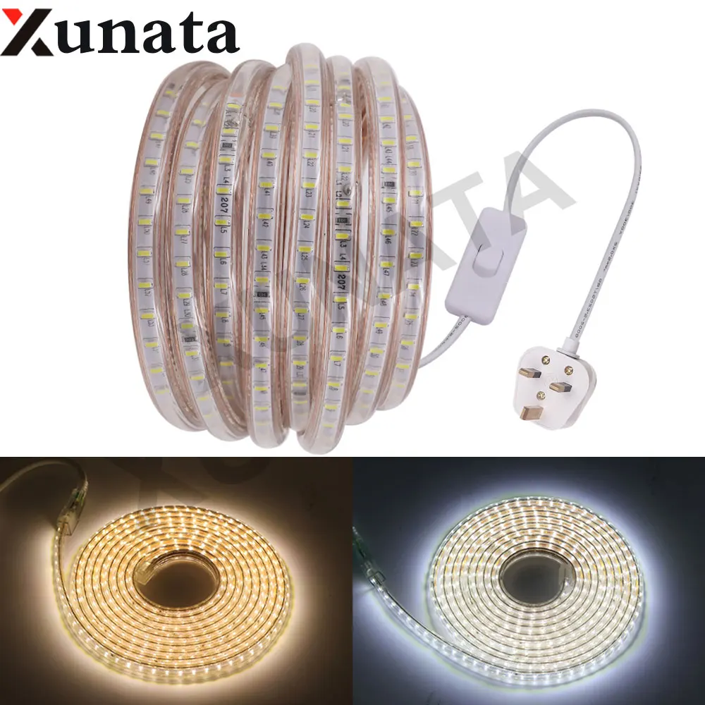 

1m 2m AC 220V SMD 3014 Led Strip Light 120Leds/m Flexible IP67 Waterproof Rope Tape With 6MM 0.8M UK Switch Plug Free Shipping