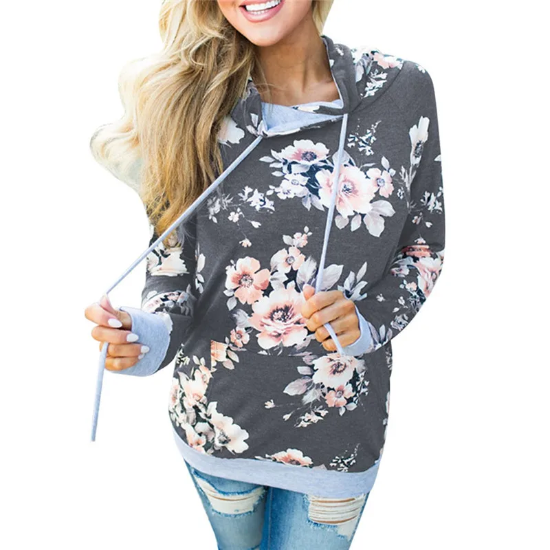 

Printed Floral Hoodies Women 2019 Autumn Winter New Fashion Casual Gray Hooded Sweatshirt Female Long Sleeve Pullovers