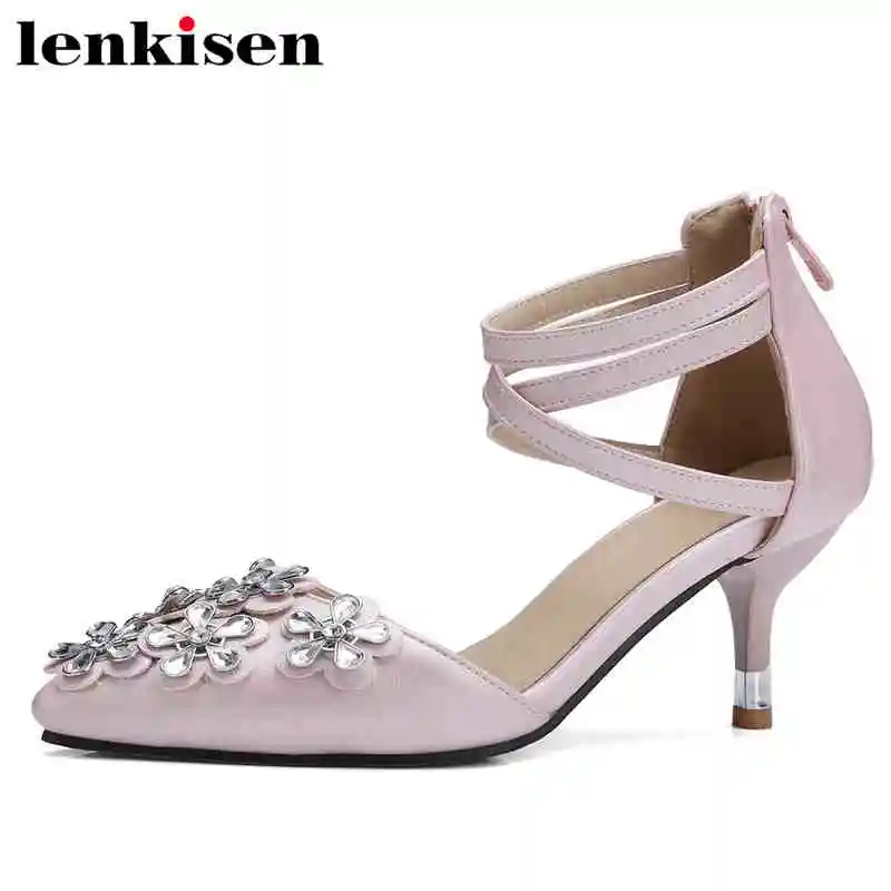 

Lenkisen beauty lady PU big size zipper crystals blossom pointed toe solid high heels British style dancing women sandals L57