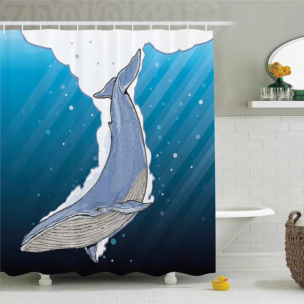 Whale Decor Shower Curtain Cartoon Whale Swimming Under Ocean with little Fish Shells Near Palm