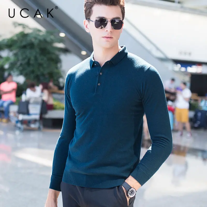 UCAK Brand Sweater Men Pure Merino Wool Pullover Men Autumn Winter Cashmere Sweaters Plus Size Turn-down Collar Pull Homme U3010