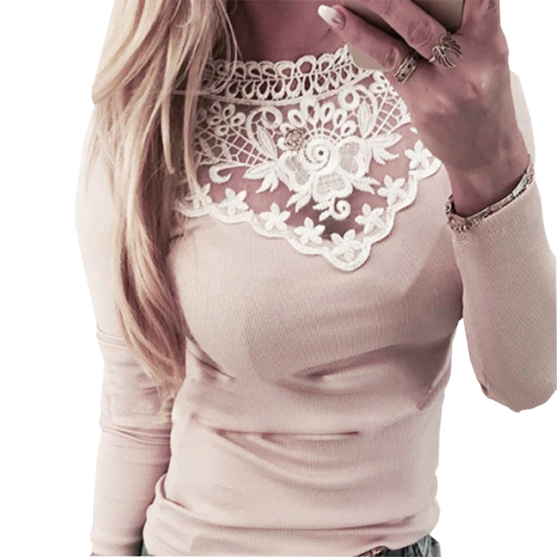 Vente Sexy Lady Chemises De Base D o Cou À Manches Longues Tops Kawaii Cut Out Lace Patchwork Fit Printemps Femmes Chemises Plus La Taille GV362