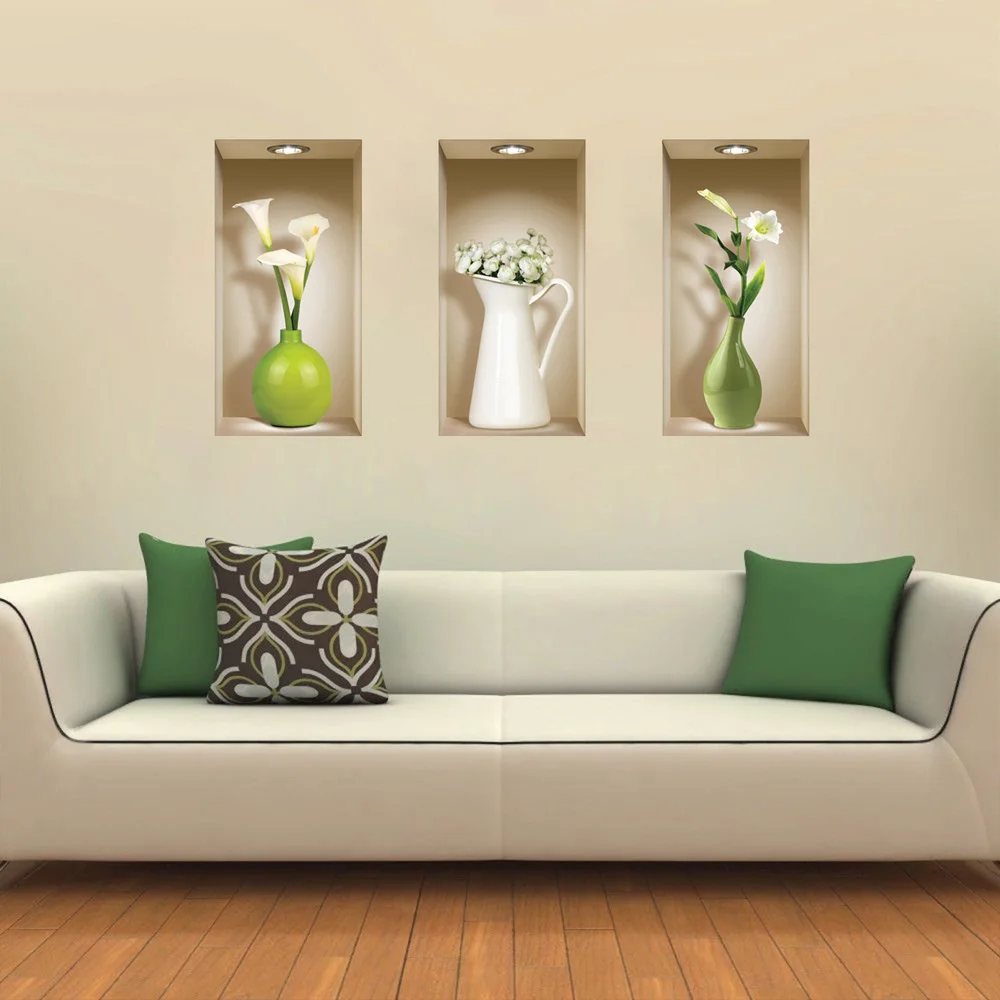

3PCS Lily Vase Murals 3D Removable DIY Art Wall Sticker Decals for Hotel Cafe Home Living Room Bedroom Decor Sofa Background