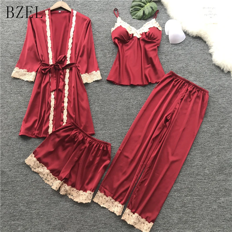 

BZEL Pajama Woman Sexy Lace Pyjama Silk Satin Sleepwear V-neck Underwear Pijama Feminino At All Seasons Leisure Home Cloth 4PCS