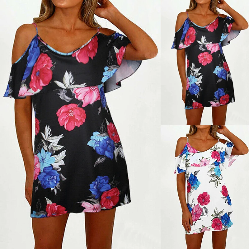 2019 Women's Dress Cold Shoulder Short Sleeve Summer Dress Woman Casual Loose Beach Boho Sundress Ladies Floral Printed Dresses